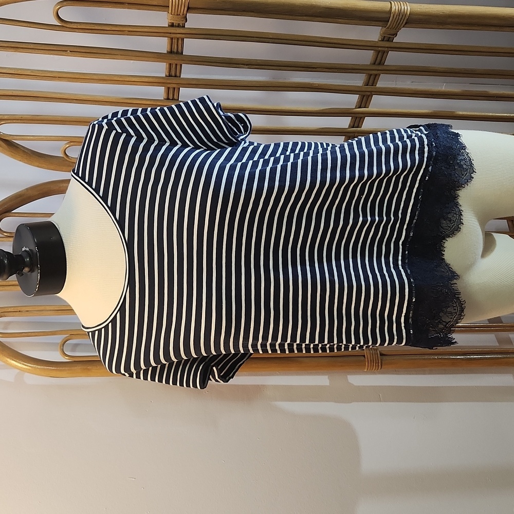 J Crew navy blue and white striped tee shirt with lace size XL 100% cotton